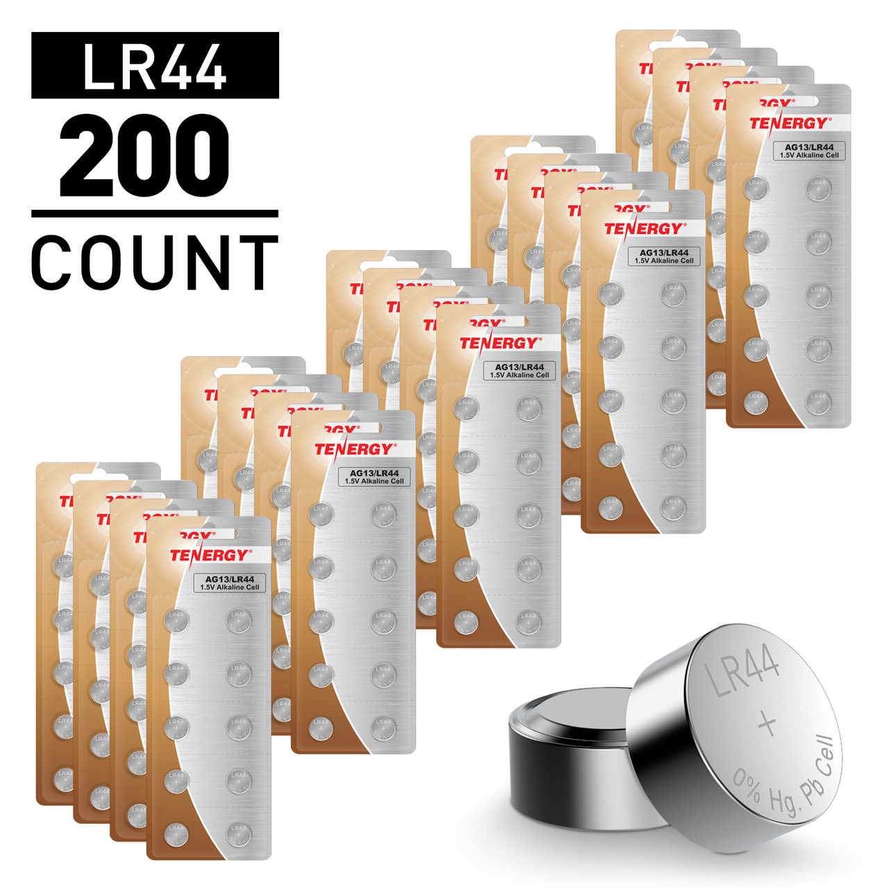 Tenergy AG13 / LR44 1.5V Alkaline Button Cells, 200pcs (20 x Cards)