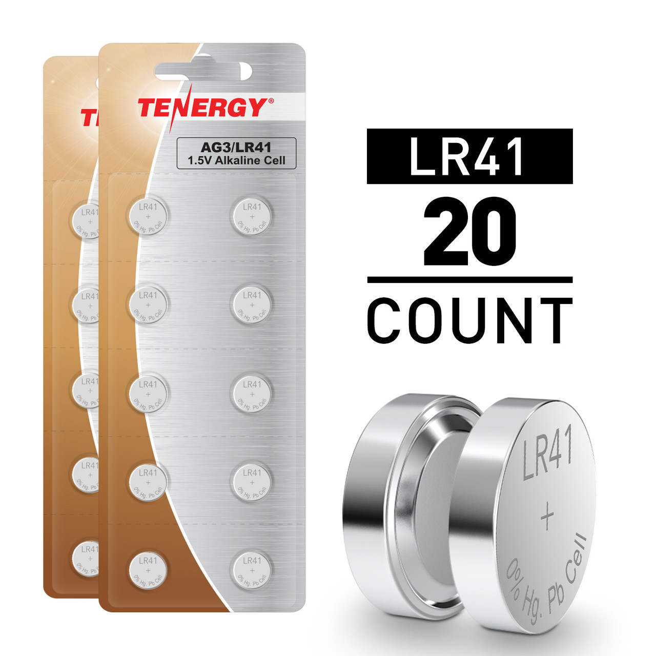 Tenergy LR41 / AG3 1.5V Alkaline Button Cells, 20pcs (2 x Cards)
