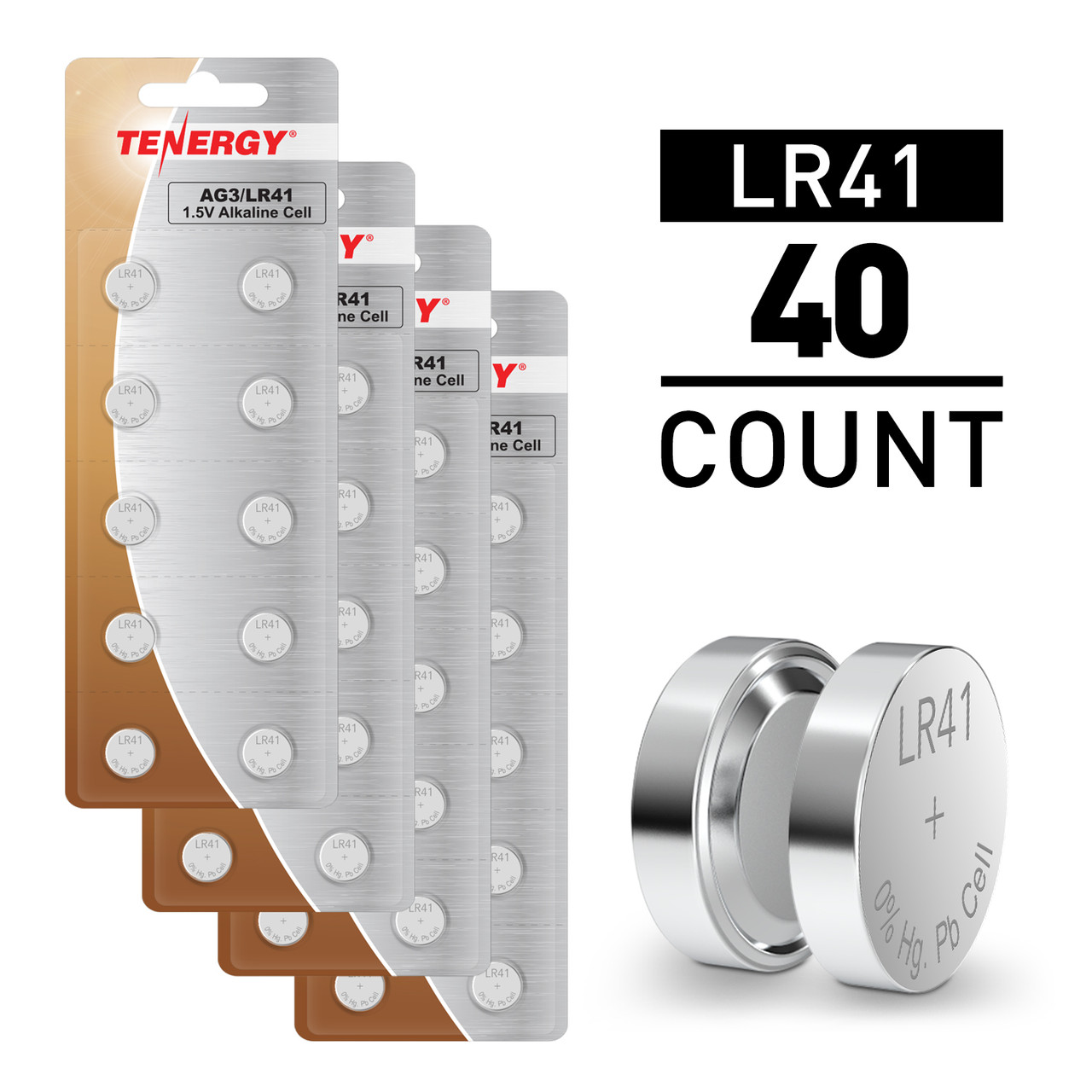 Tenergy LR41 / AG3 1.5V Alkaline Button Cells, 40pcs (4 x Cards)