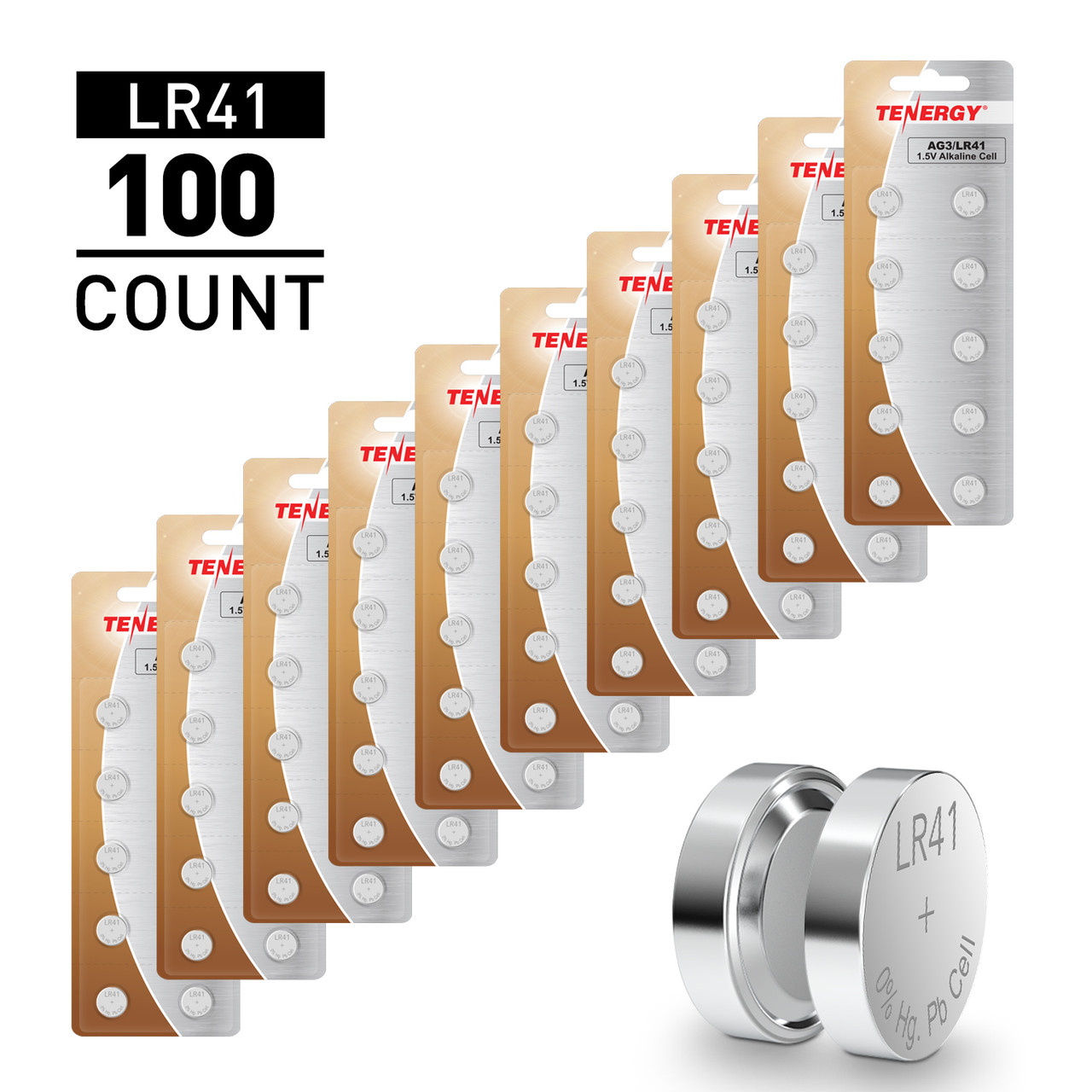 Tenergy LR41 / AG3 1.5V Alkaline Button Cells, 100pcs (10 x Cards)