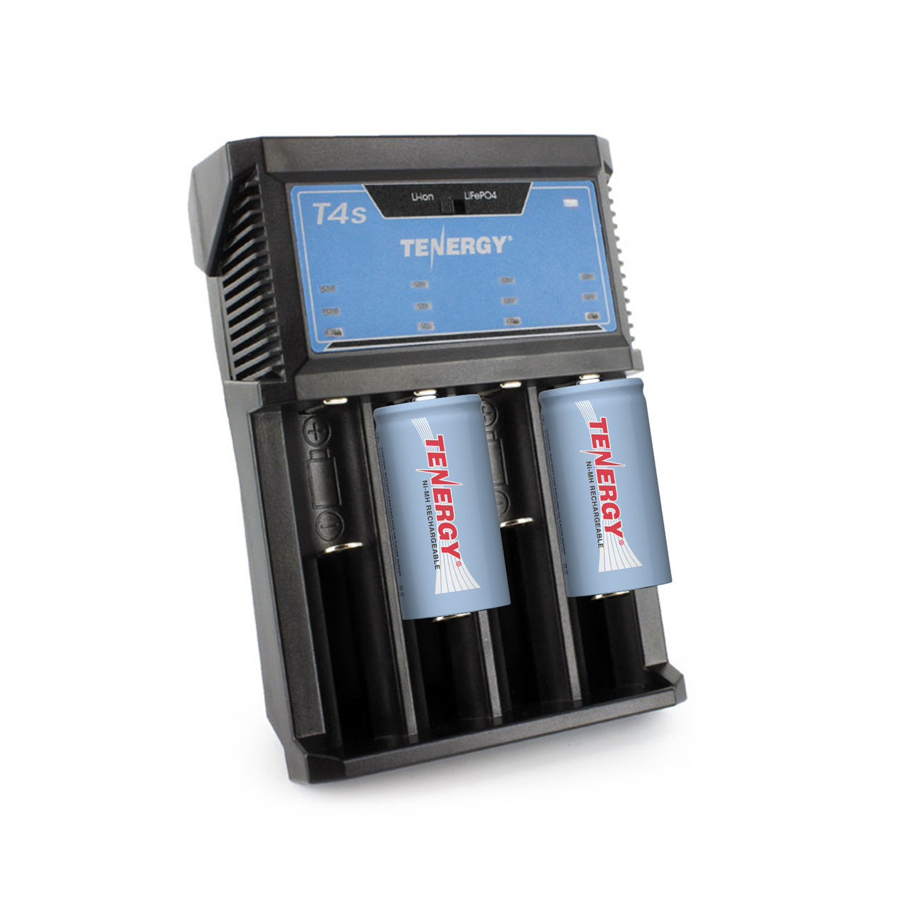 Combo: Tenergy T4s Universal LED Battery Charger + 2 Pack NiMH Rechargeable C Batteries