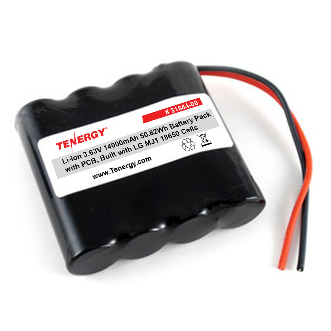 AT: Tenergy Li-ion 3.63V 14,000mAh Side by Side Rechargeable Battery Pack w/ PCB (1S4P, 50.82Wh, 8.5A Rate ) - Built with LG MJ1 18650 Cells