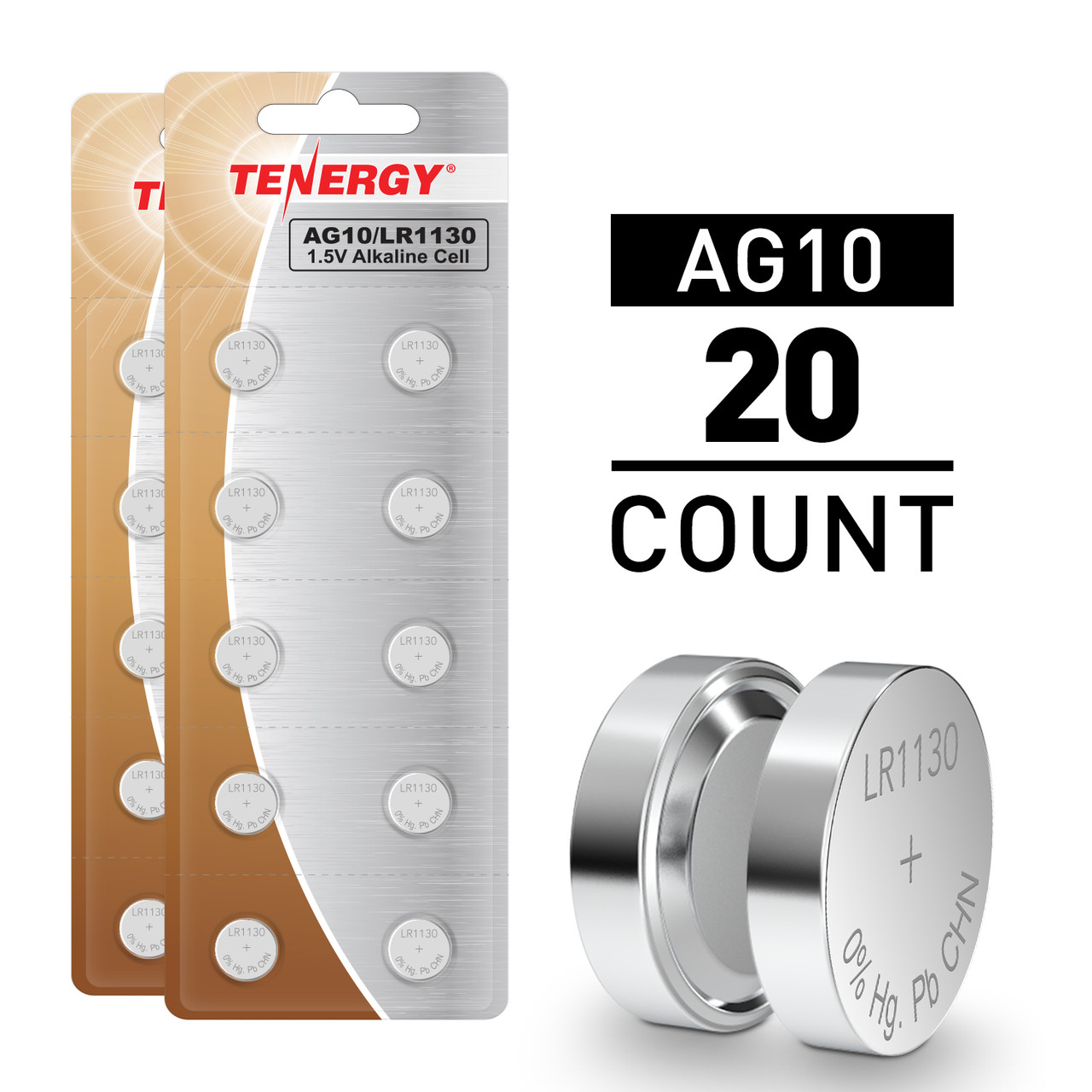 Tenergy AG10/LR1130 1.5V Alkaline Button Cells, 20pcs (2 x Cards)