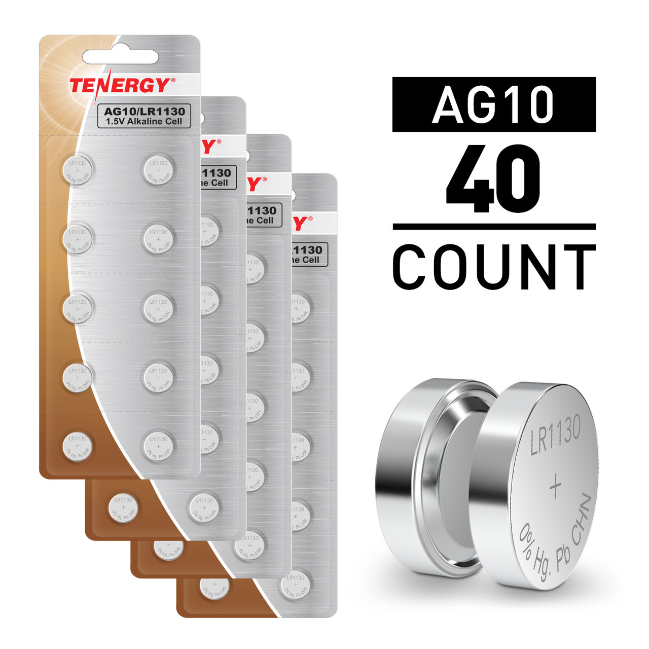 Tenergy AG10/LR1130 1.5V Alkaline Button Cells, 40pcs (4 x Cards)