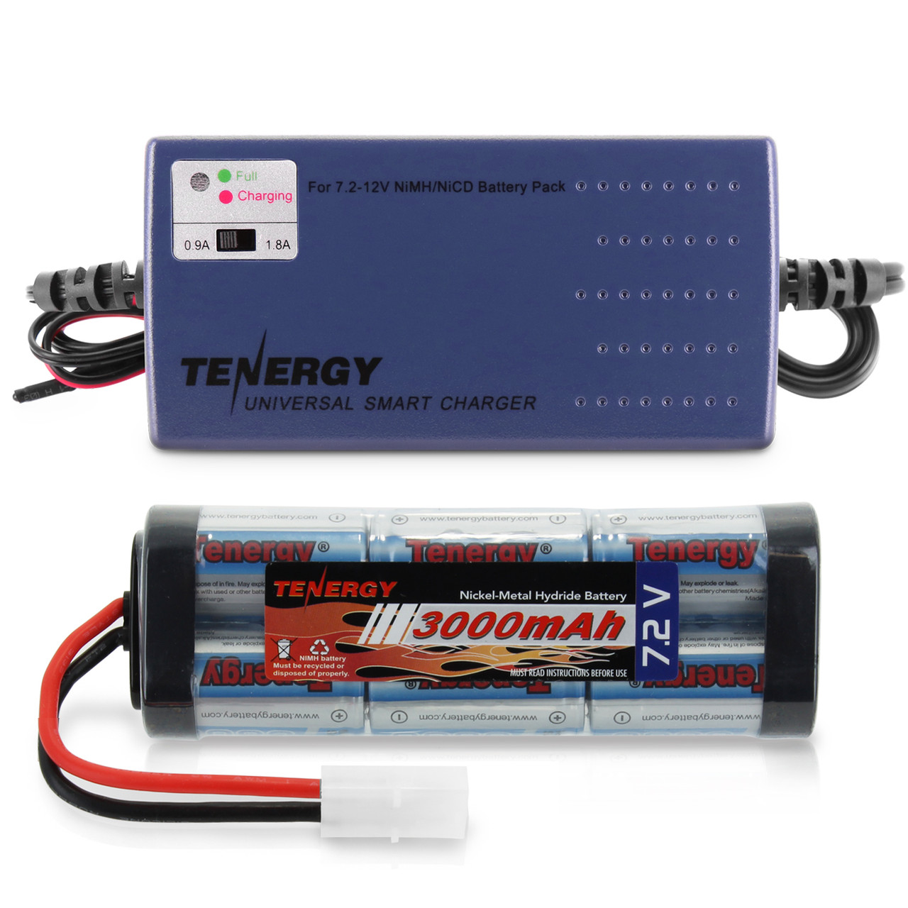 Tenergy 7.2V RC Battery Pack and Charger Combo, 3000mAh NiMH Flat Battery Pack w/ Standard Tamiya Connector + 7.2V-12V (6S-10S) Charger for RC Cars