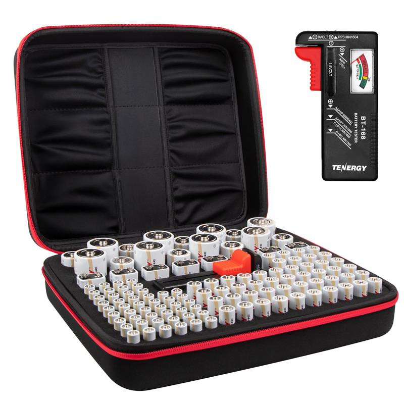 Tenergy 120 Pack Battery And Organizer Storage Case With Tester, Includes 48xAA, 48xAAA, 8xC, 8xD, 8x9V Alkaline Batteries