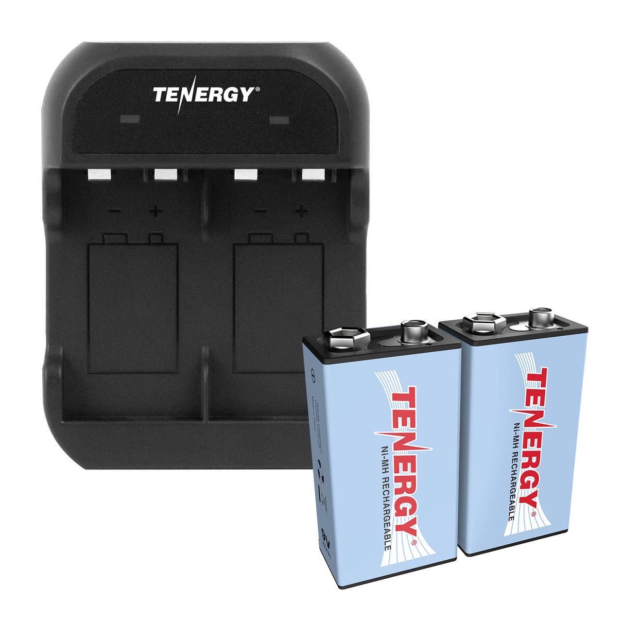 Combo: Tenergy TN141 2-Bay 9V Charger + NiMH 9V 250mAh Rechargeable Batteries, 2-pack
