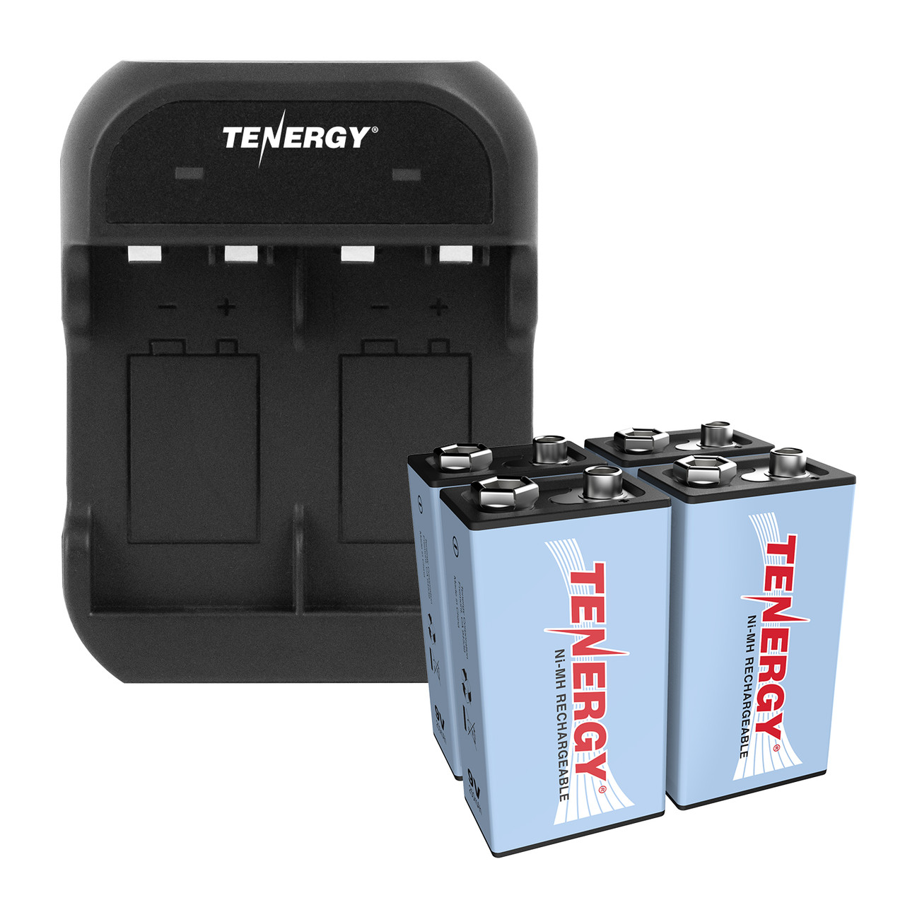 Combo: Tenergy TN141 2-Bay 9V Charger + NiMH 9V 250mAh Rechargeable Batteries, 4-pack