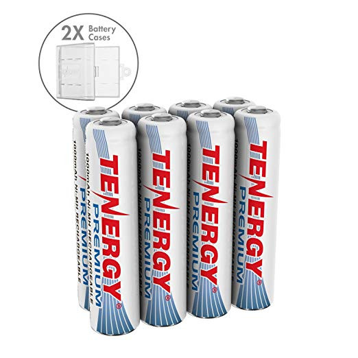 Combo: 8 pcs Tenergy Premium AAA 1000mAh NiMH Rechargeable Batteries + 2 AAA Size Holders