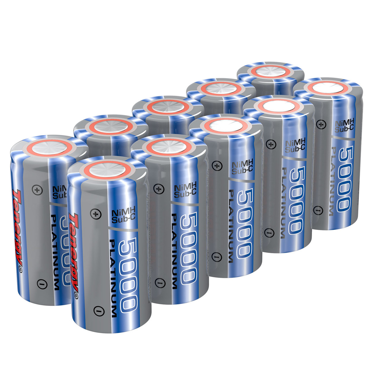 Combo: 10pcs of Tenergy NiMH SubC 5000mAh Flat Top Rechargeable Battery (w/o Tabs)