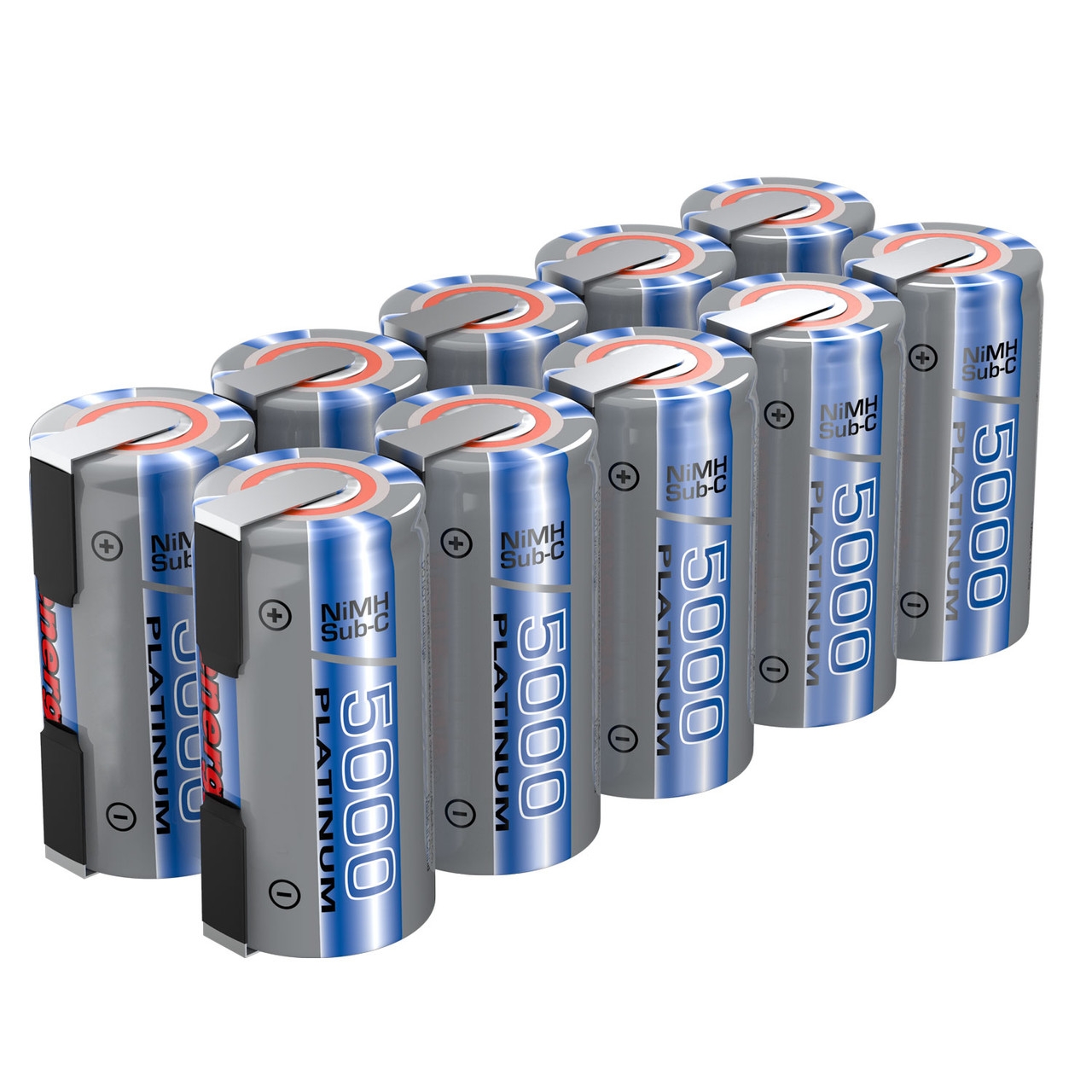 Combo: 10pcs of Tenergy NiMH SubC 5000mAh Flat Top Rechargeable Battery (with Tabs)
