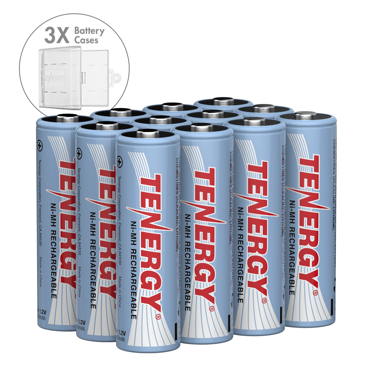 Combo: 12 pcs Tenergy AA 2500mAh NiMH Rechargeable Batteries + 3 Cases