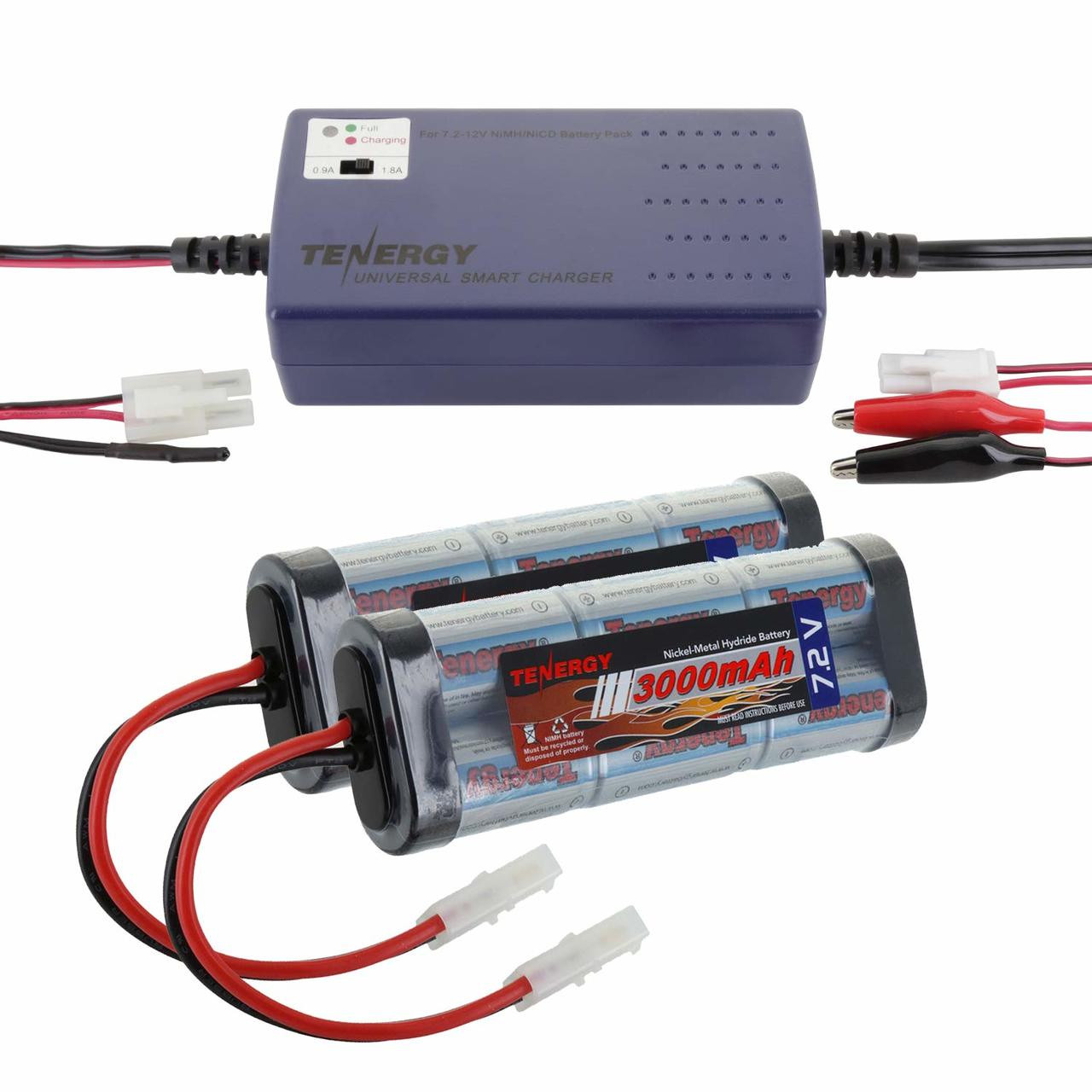 Tenergy 2 Pack 7.2V 3000mAh Flat NiMH Battery Packs w/ Tamiya + Tenergy Smart Universal Charger for NiMH / NiCd Battery: 7.2V - 12V (#01005)