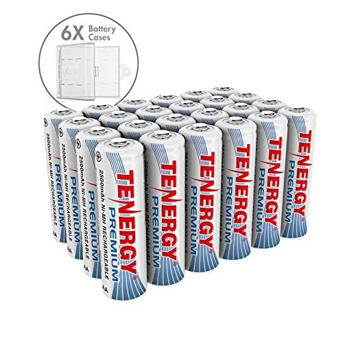 Combo: 24 pcs Tenergy Premium AA 2500mAh NiMH Rechargeable Batteries + 6 AA Size Holders