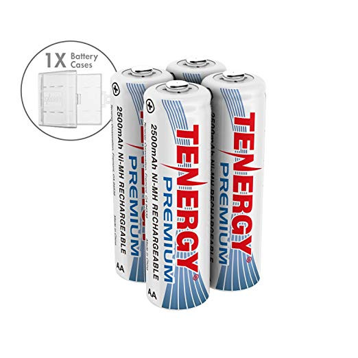 Combo: 4 pcs Tenergy Premium AA 2500mAh NiMH Rechargeable Batteries + 1 AA Size Holder