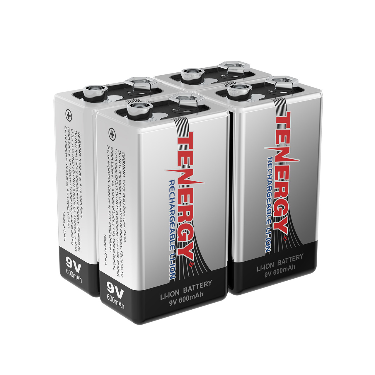 Combo: 4pcs Tenergy 9V 600mAh Li-ion Rechargeable Batteries