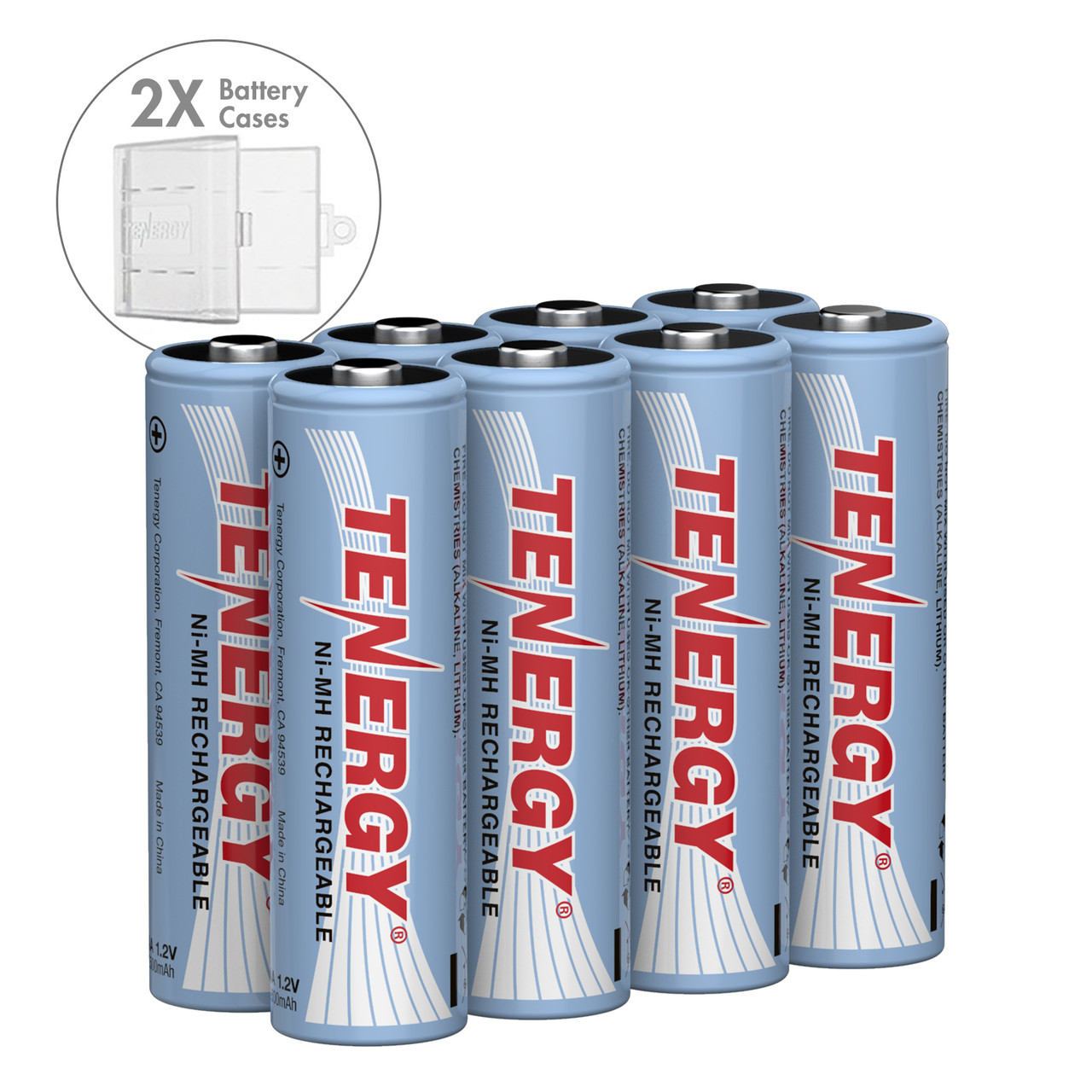 Combo: 8 pcs Tenergy AA 2500mAh NiMH Rechargeable Batteries + 2 Cases