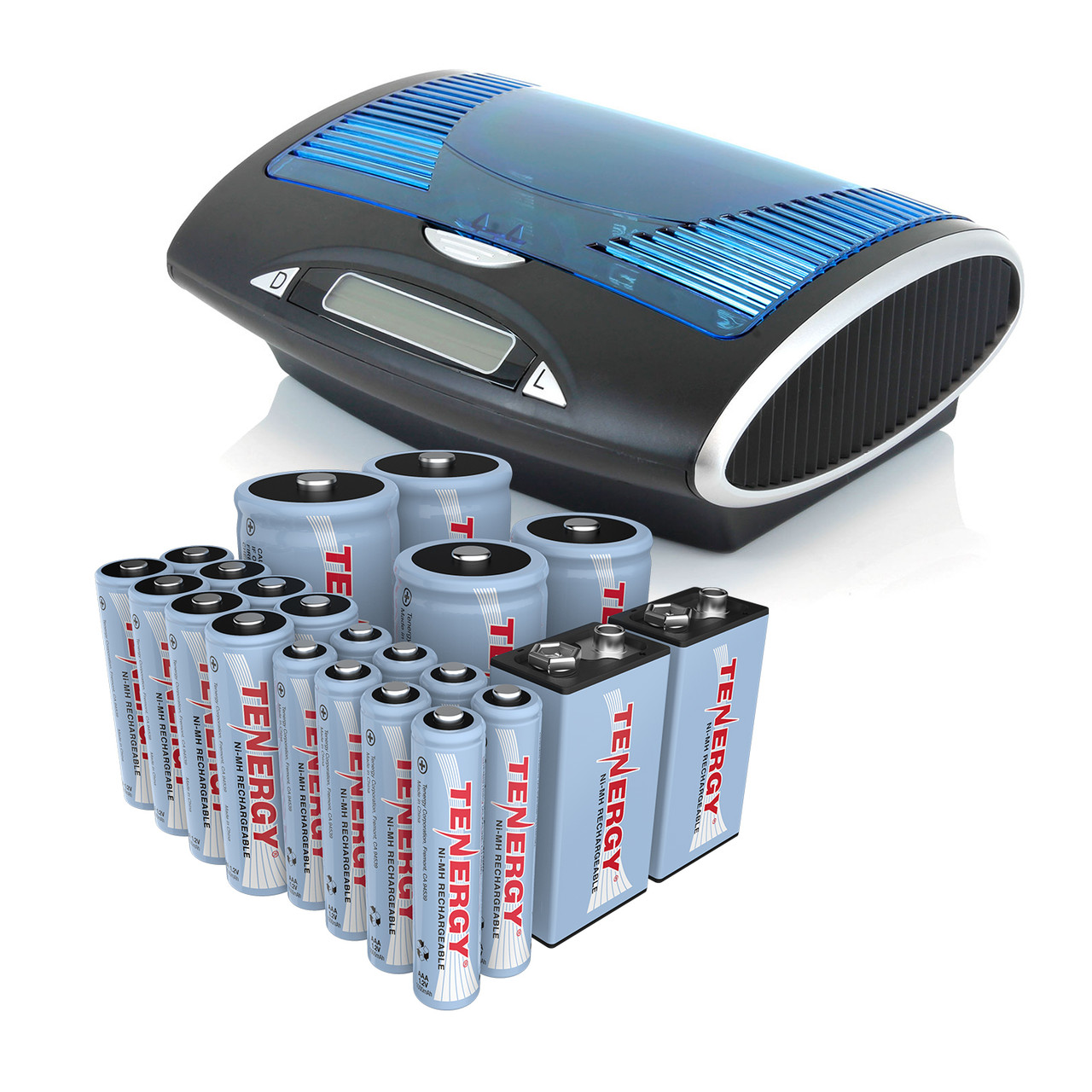 Combo: Tenergy T9688 Universal LCD Battery Charger + 22 NiMH Rechargeable Batteries (8AA/8AAA/2C/2D/2 9V)