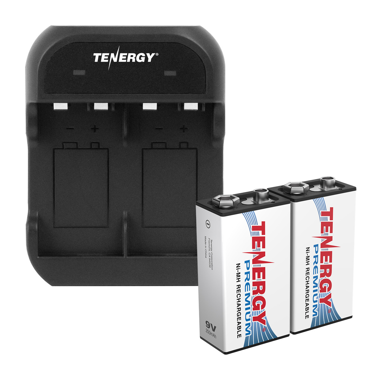Combo: Tenergy TN141 2-bay 9V Charger + 2pcs Premium 9V 250mAh NiMH Rechargeable Batteries