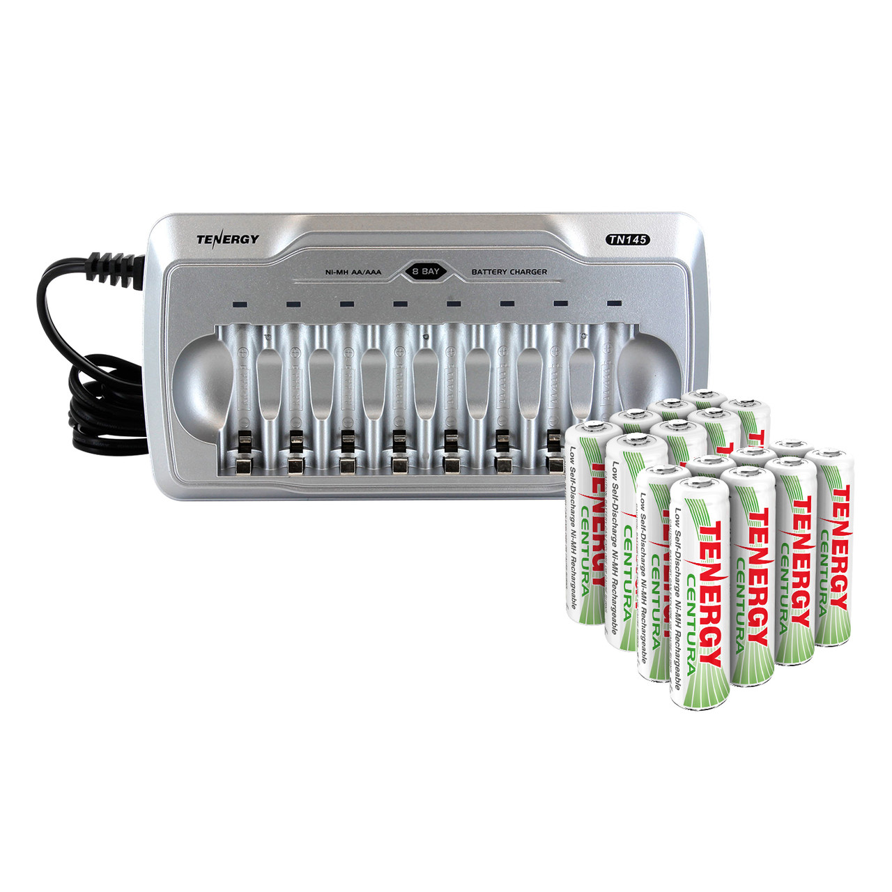 Combo: Tenergy TN145 8-Bay AA/AAA NiMH Battery Charger + 8 Pack AA and 8 Pack AAA Centura Batteries