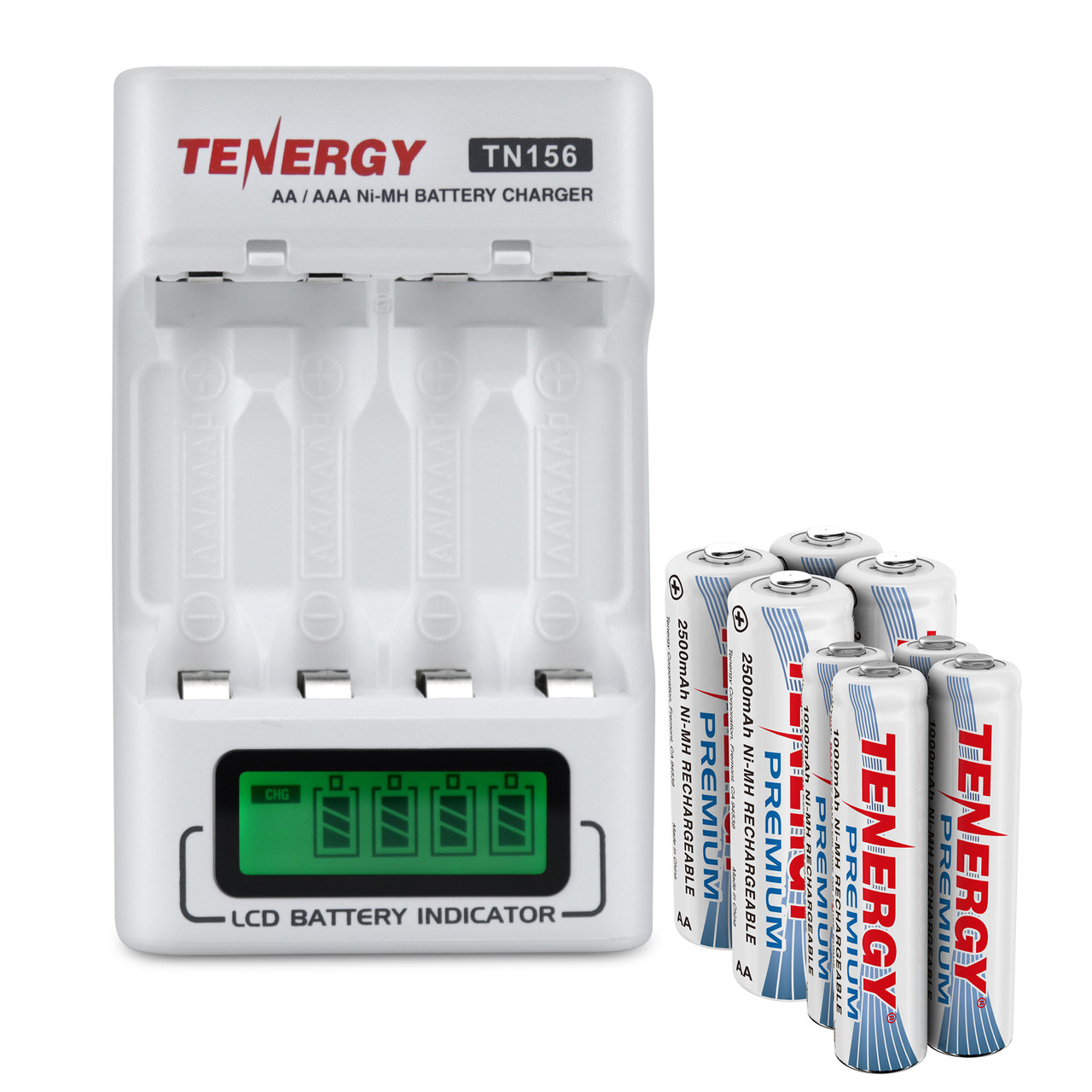 Combo: Tenergy TN156 4-Bay AA/AAA NiMH LCD Battery Charger + 4 AA & 4 AAA Premium NiMH Batteries w/ Holders