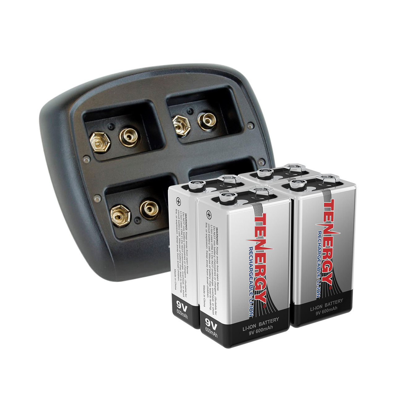 Combo: Tenergy TN294 4-Bay 9V Li-ion Battery Charger + 4pcs 9V 600mAh Li-ion Rechargeable Battery