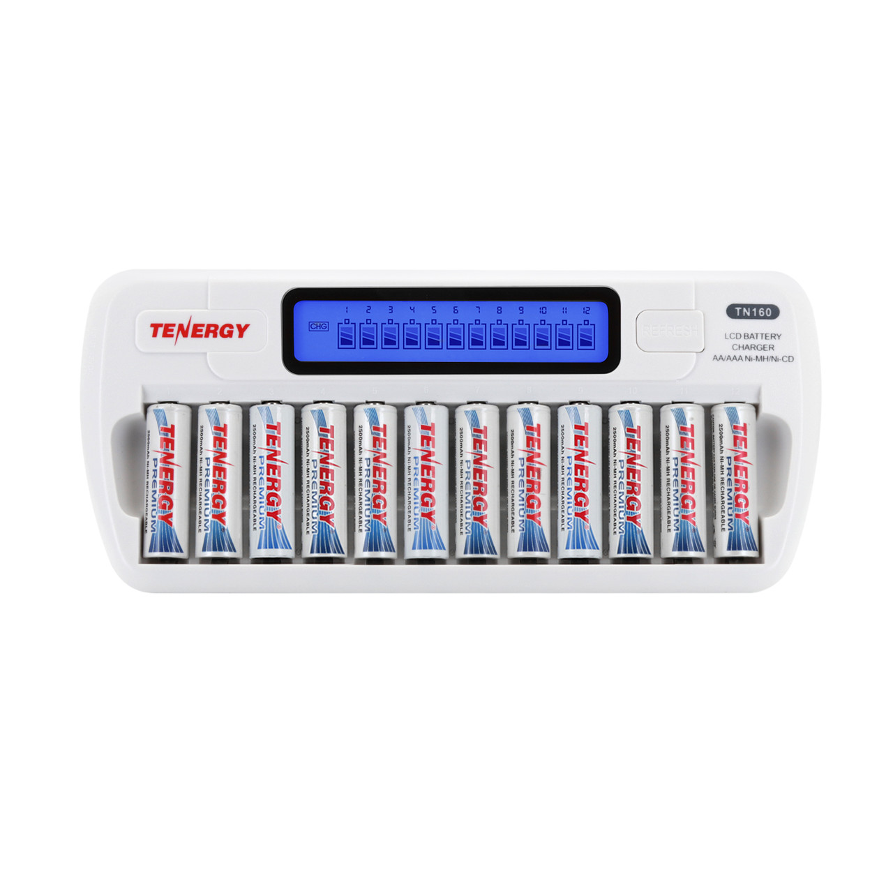 Combo: TN160 12-Bay AA/AAA NiMH/NiCd LCD Charger + 12 AA Premium NiMH Rechargeable Batteries