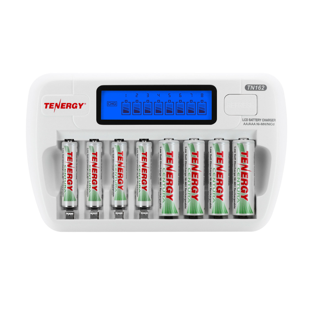 Combo: TN162 8-Bay Smart AA/AAA NiMH/NiCd Charger + 4 AA and 4 AAA Centura (LSD) NiMH Rechargeable Batteries