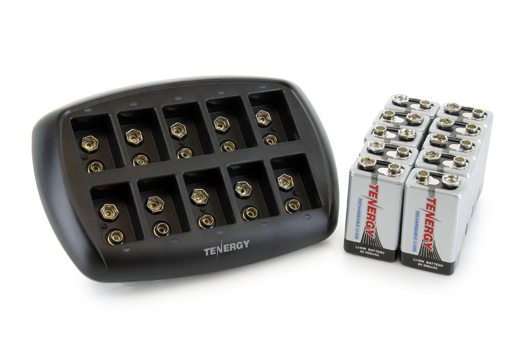 Tenergy Li-ion 9V 600mAh Rechargeable Battery, 10-pack + TN295 10-Bay Charger
