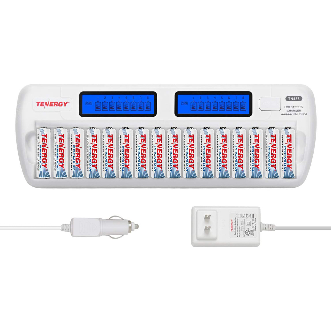 Tenergy TN438 16-Bay AA/AAA NiMH/NiCd LCD Smart Battery Charger + 16pc Premium AA
