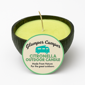 Glamper Camper Soy Coconut Wax Citronella Candle in a Coconut Shell for the Great Outdoors