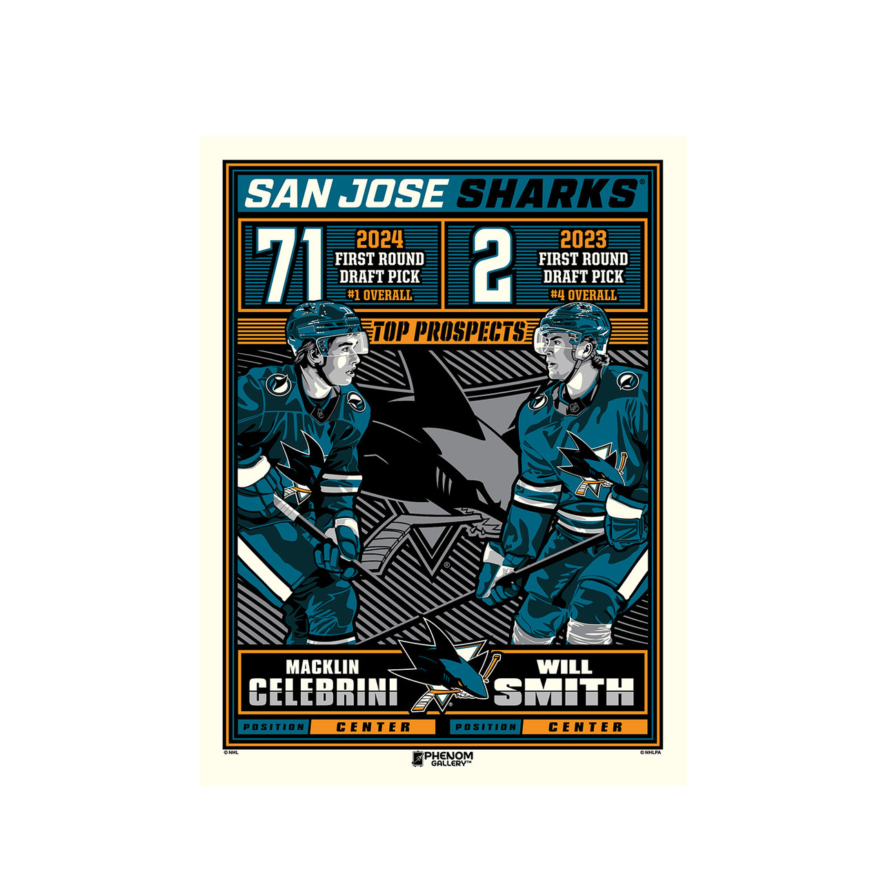 San Jose Sharks Celebrini #71 and Smith #2 Prospects Print