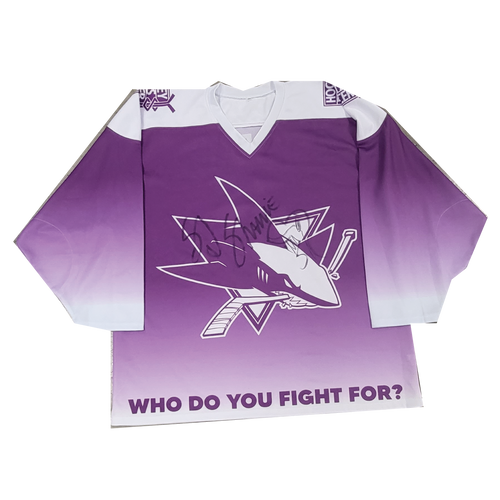 2022 SJ Sharkie Hockey Fights Cancer one of a kind Jersey. Game worn. sublimated, not stitched. jersey has rips in sleeves(elbows) and back for Fins. Signed in black on front of jersey