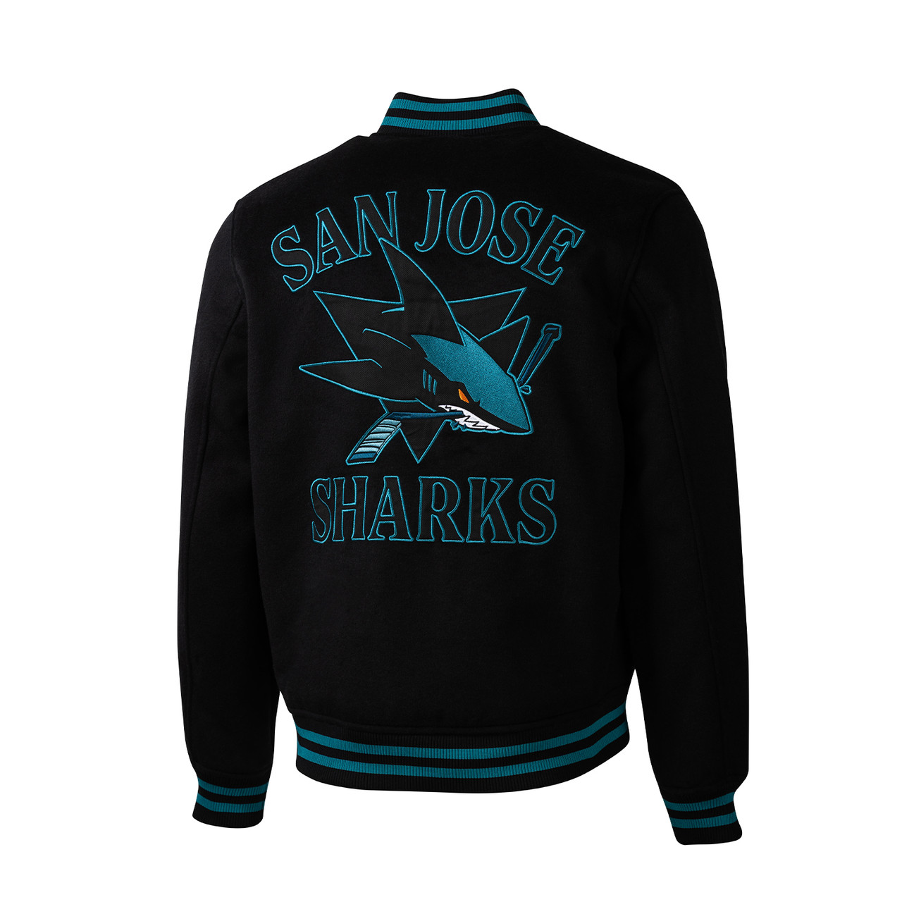 ITALY製 vintage shark ウールブルゾン スタンドカラー濃紺 San Jose Sharks Sport Design Sweden Cali Fin Varsity Wool Jacket
