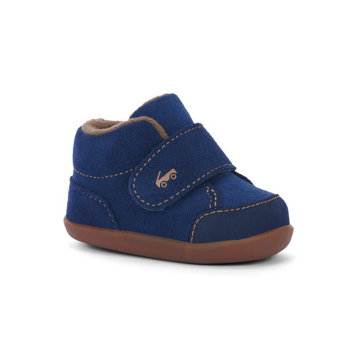 Side Angle View of the Casey Mini (First Walker) Navy Suede Side Angle View of the Casey Mini (First Walker) Navy Suede