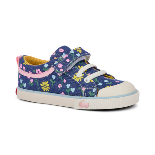 Side Angle View of the Kristin Blue Denim/Floral