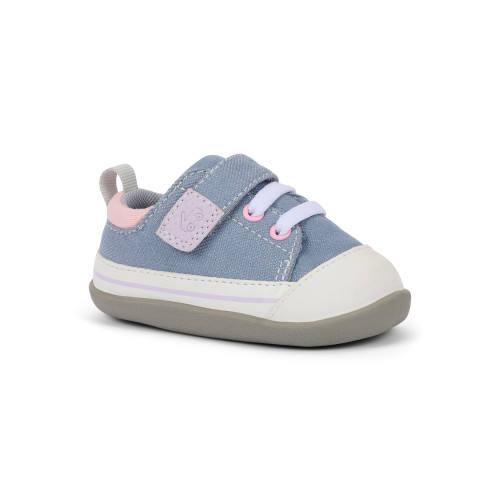 Side Angle View of the Stevie Mini (First Walker) Gray Denim