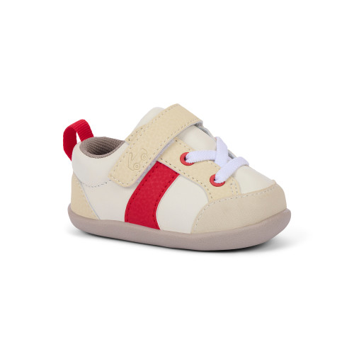 Side Angle View of the Connor Mini (First Walker) White/Red