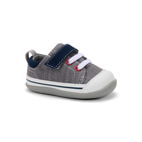 Side angle view of Stevie (First Walker) Gray Denim