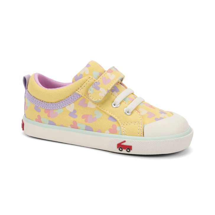 Side angle view of a Yellow/Hearts Sneaker