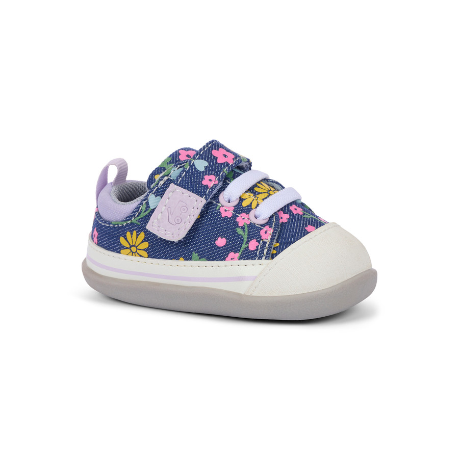 Side Angle View of the Stevie Mini (First Walker) Blue Denim/Floral