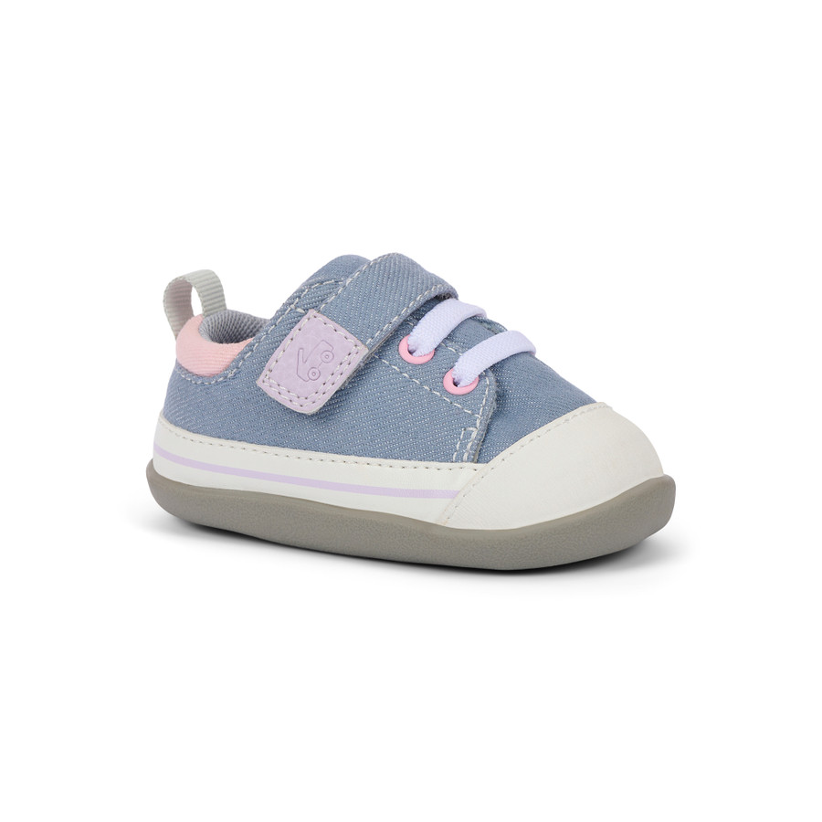 Side Angle View of the Stevie Mini (First Walker) Gray Denim