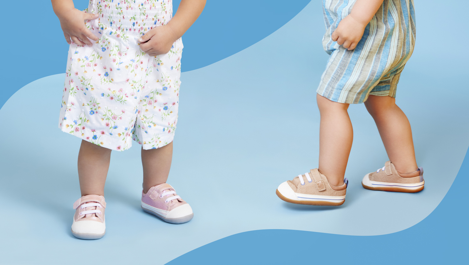 Two boy and one girl toddlers wearing First Walker styles from the Fall/Winter 2025 Collection.