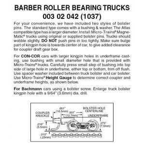 1037 - Barber Roller Bearing Trucks w/ med. ext. couplers 1 pr. 1037 - Barber Roller Bearing Trucks w/ med. ext. couplers 1 pr.