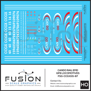 FSG-CCGX101-87 - Fusion Scale Graphics HO Cando Rail EMD GP9 Locomotives Decal Set FSG-CCGX101-87 - Fusion Scale Graphics HO Cando Rail EMD GP9 Locomotives Decal Set