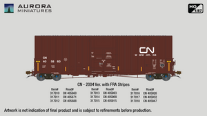 317012 - Aurora Miniatures -- HO Scale Transcona Shops 50' Plate F Boxcar 1st Run - CN 2004 Version w/ Stripes #405888