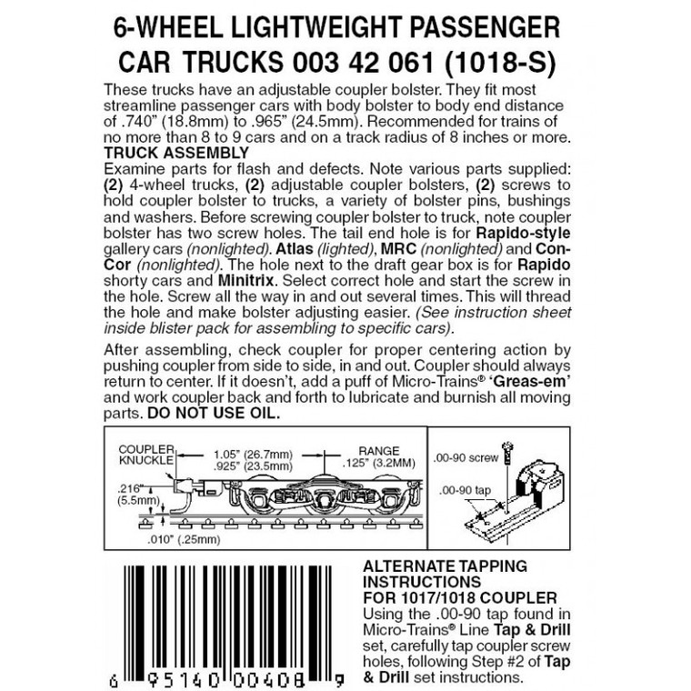 6-Wheel Passenger Car Trucks w/ adj. couplers Silver 1pr (1018S)6-Wheel Passenger Car Trucks w/ adj. couplers Silver 1pr (1018S)