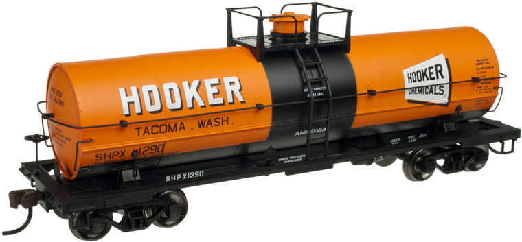20 002 643 Atlas HO 11, 000 Gal Tank Car w/ Platform, Hooker Chemicals - Tacoma (Orange/Black), Road # 1290