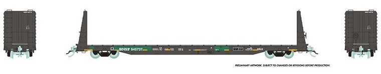 147009A Rapido HO The Canadian 66 ft Bulkhead Flatcar - Single Car - BNSF Railway, Green w/ White Lettering & Yellow Conspicuity Stripes, 545737