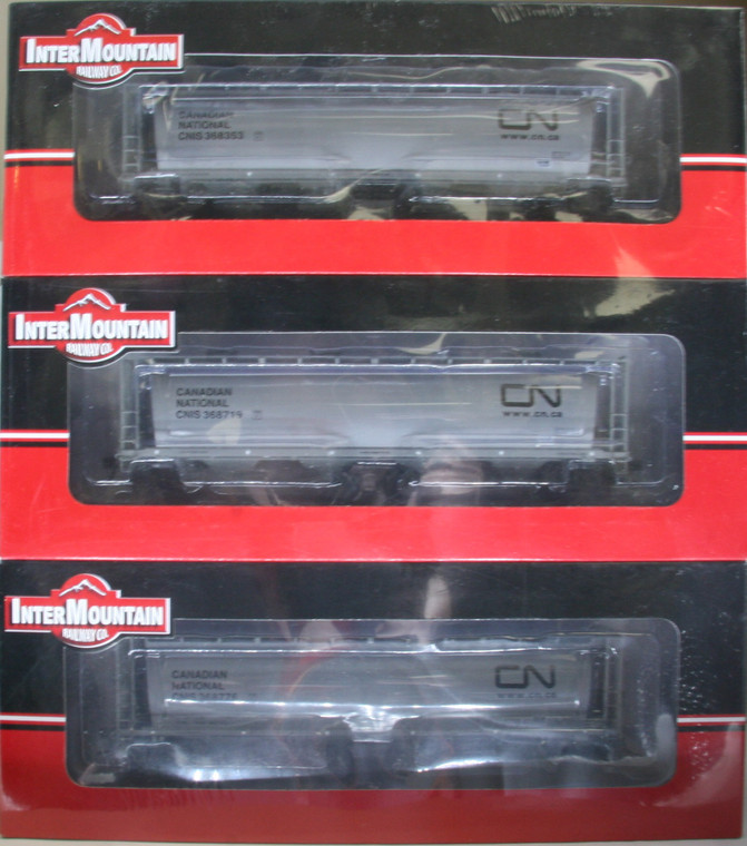 1132-3B Pacific Western Rail Systems HO CN Grey 4 Bay Cylindrical Hopper CNIS (Gray Black noodle/website) 3 Pack
